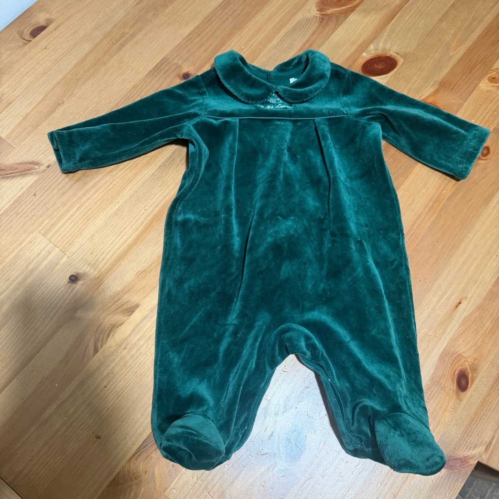 Polo Ralph Lauren Velvet Long Sleeve Snap One Piece Green Baby 3M
